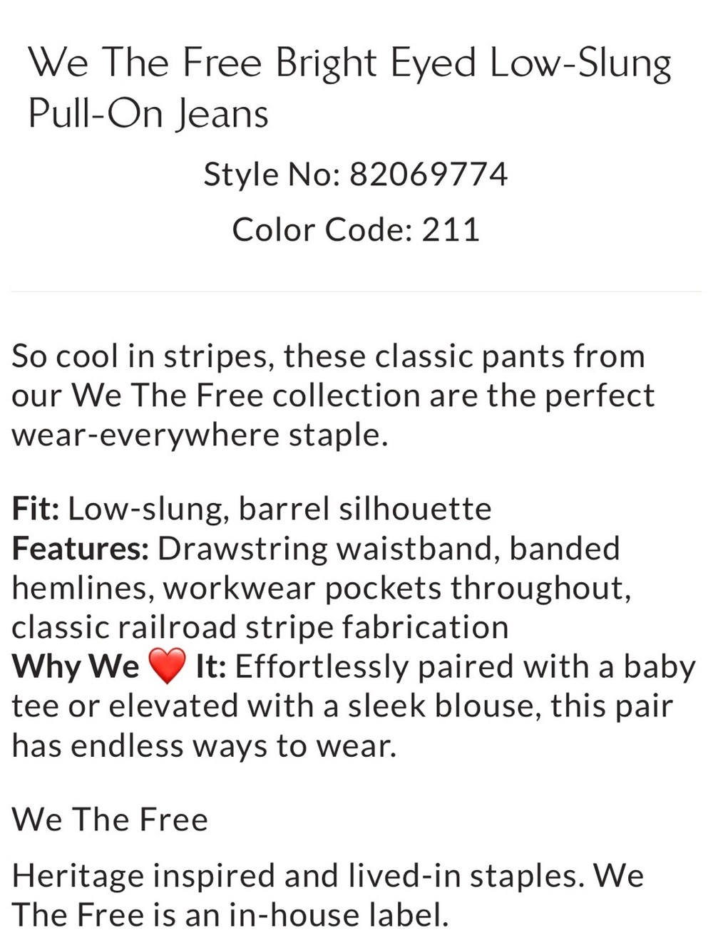 We The Free Bright Eyed Low Slung Pull On Striped Barrel Jeans XS - Picture 10 of 10